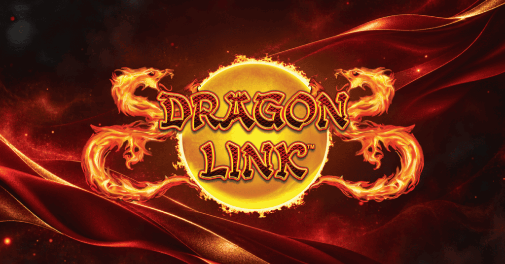 Dragon Link logo with fiery design for online slot game.