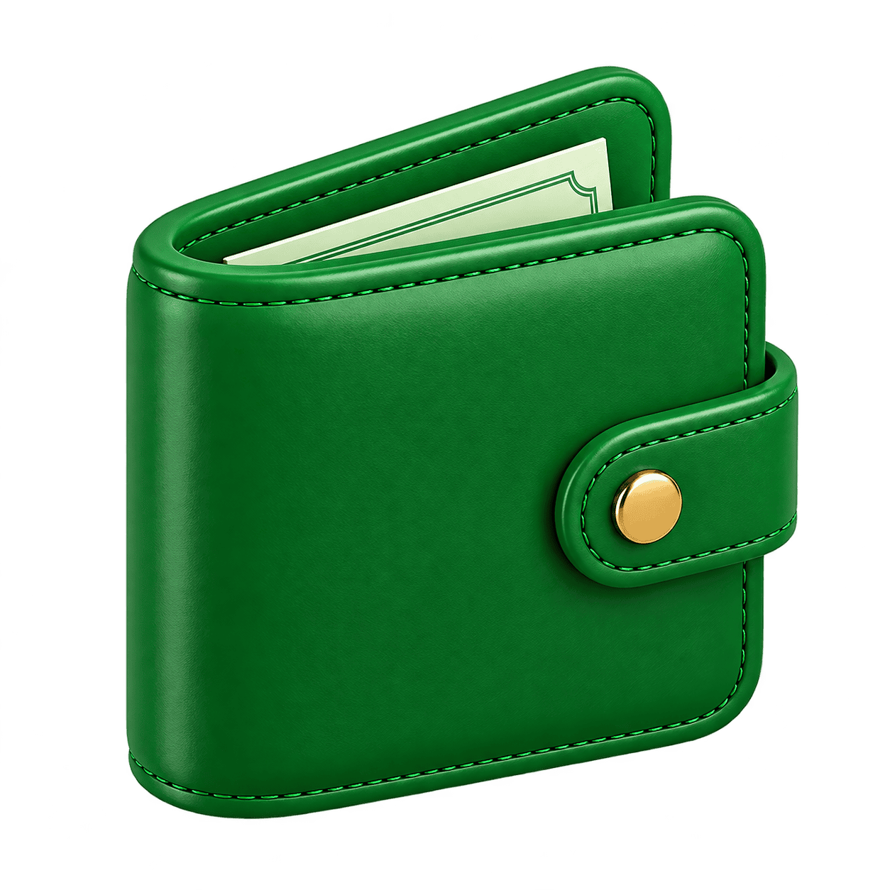 Green leather wallet with cash inside, close-up shot.