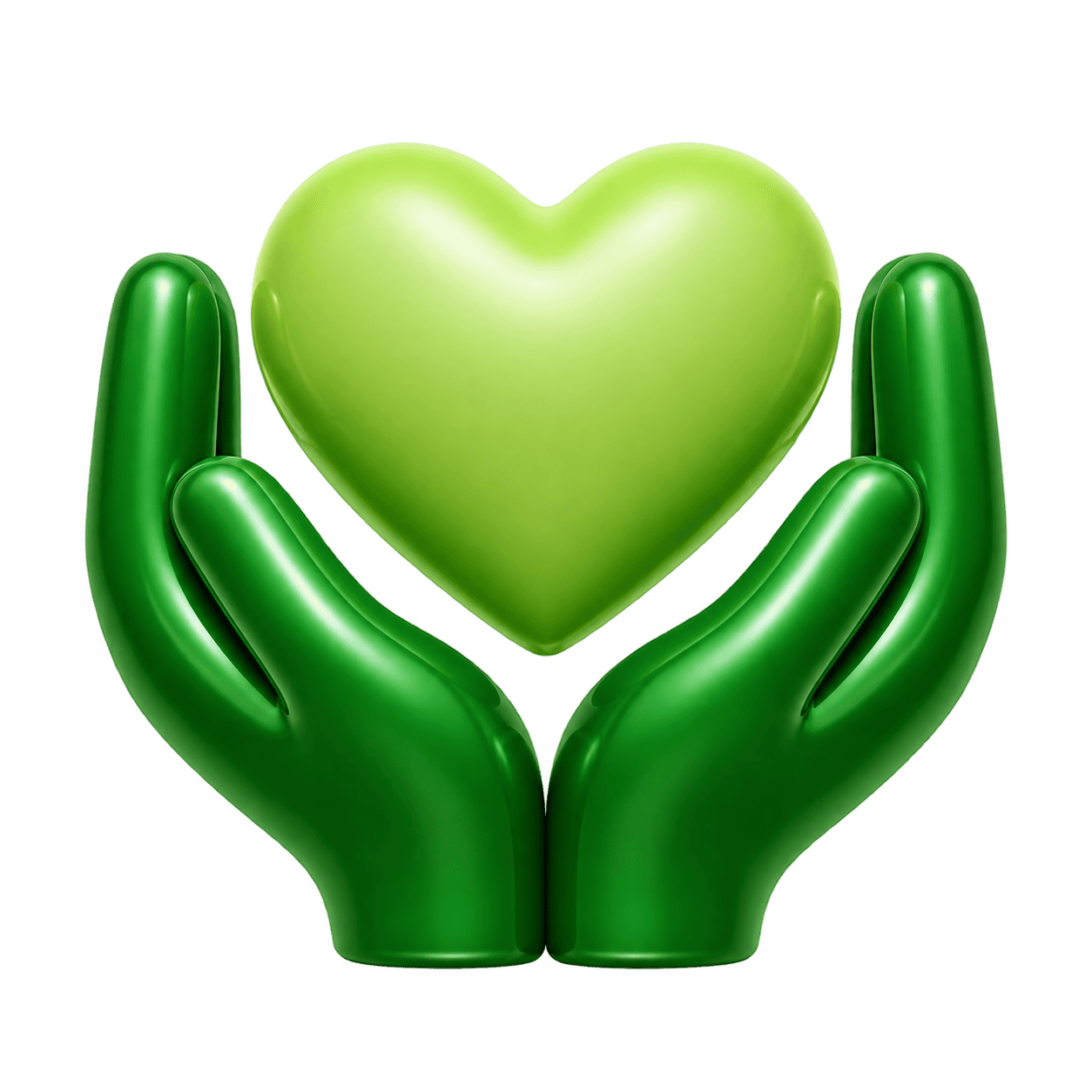 Green hands holding a glowing green heart symbolizing care and support.
