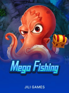 Colorful octopus character from Mega Fishing game with treasure chest.