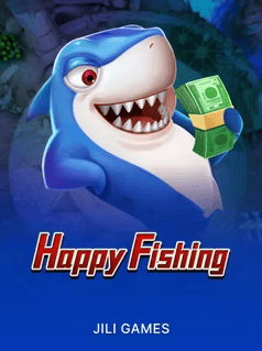 Cartoon shark holding money for Happy Fishing game by JILI Games.