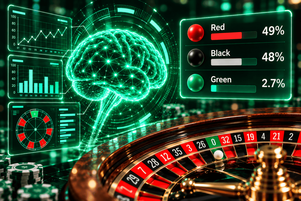 AI brain with roulette wheel and data charts for casino prediction.