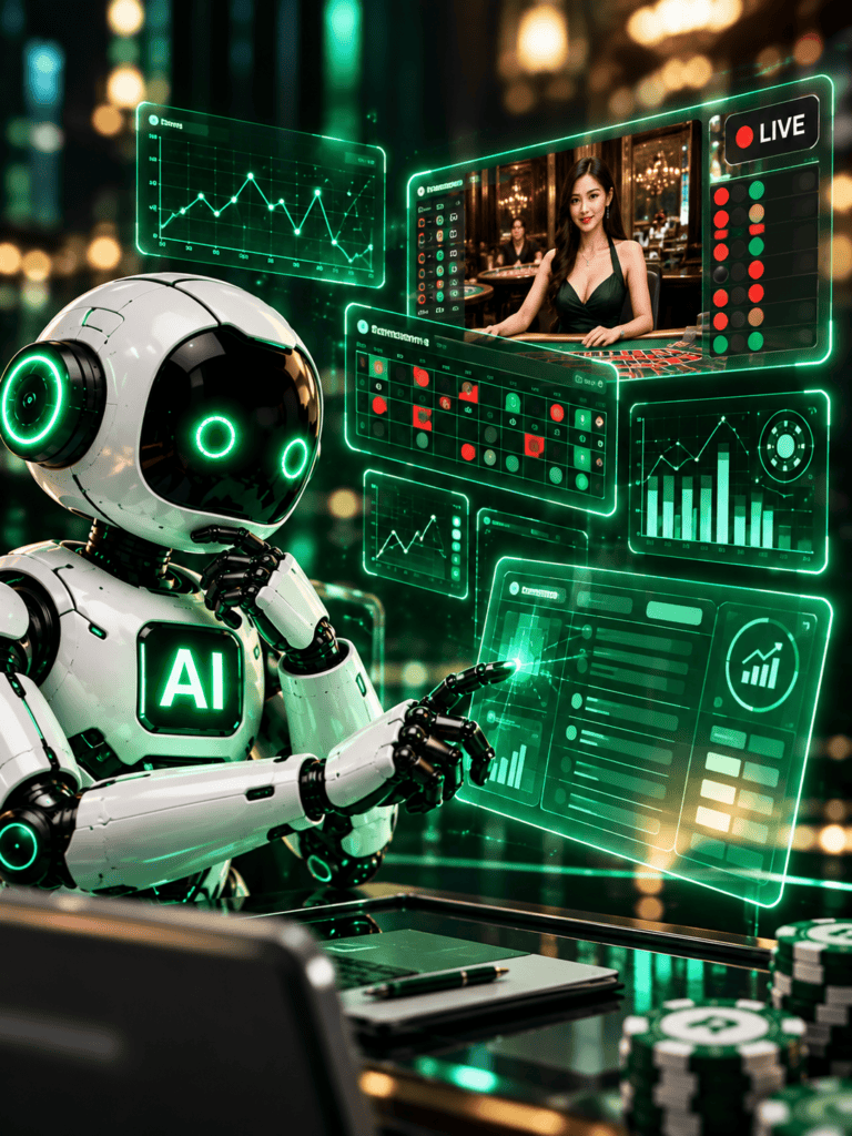 Futuristic AI robot analyzing roulette data and live streaming casino game.