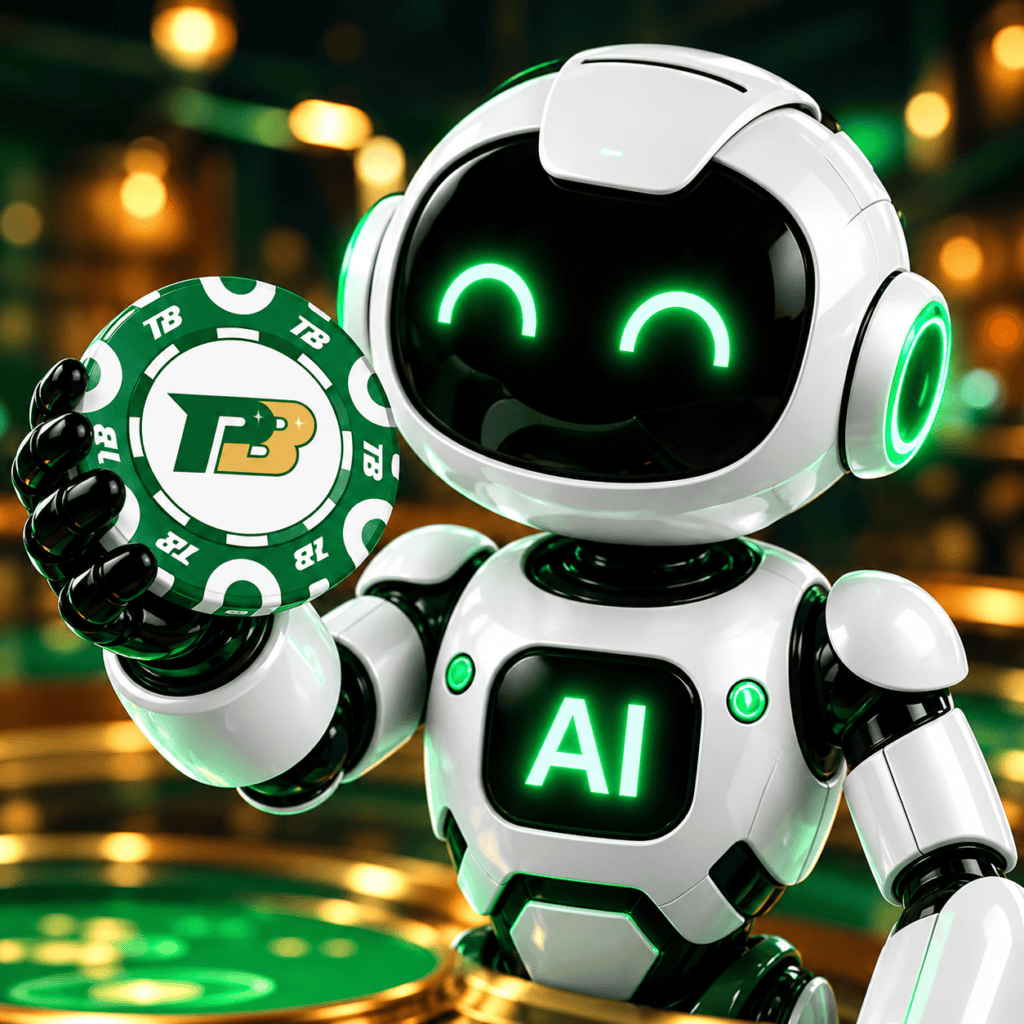 Futuristic AI robot holding a roulette casino chip in a vibrant casino setting.
