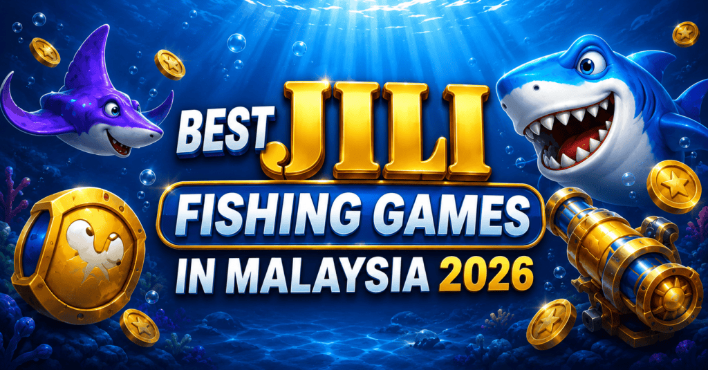 Colorful underwater scene with cartoon fish and fishing gear for JILI fishing games.