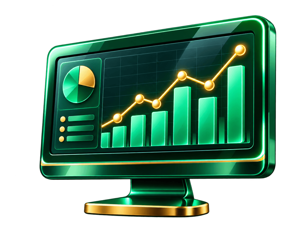 Digital data analytics with growth chart on computer screen.