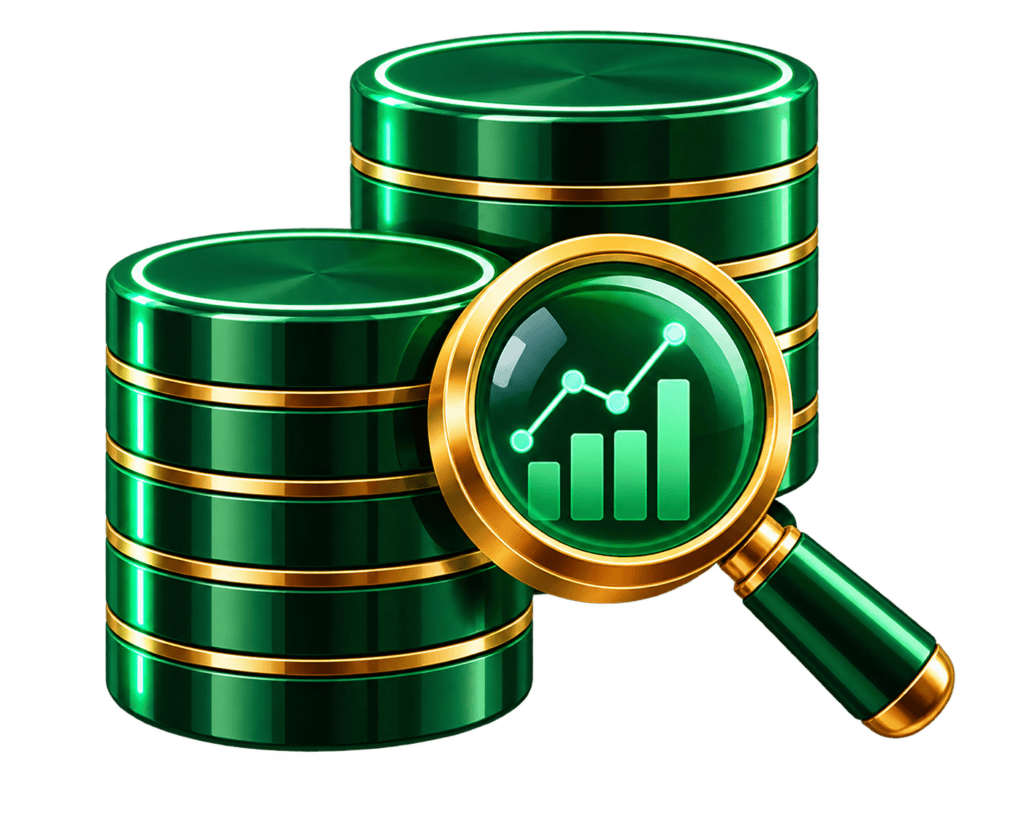 Digital data analysis with coins and magnifying glass for roulette prediction.