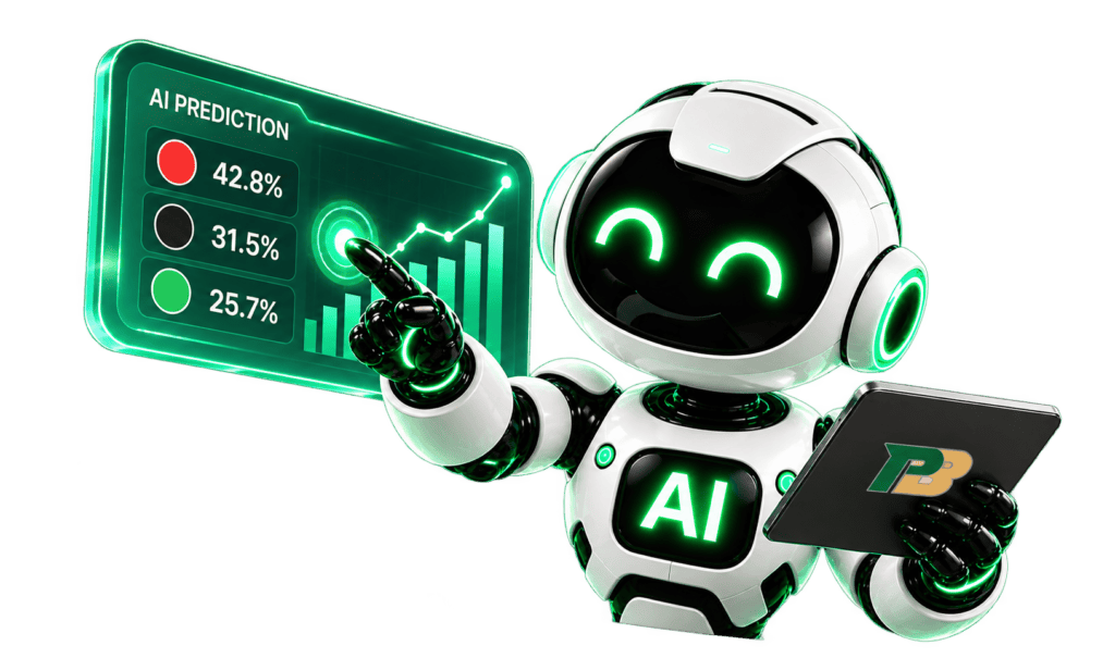 Futuristic AI robot analyzing roulette prediction data with a digital chart.