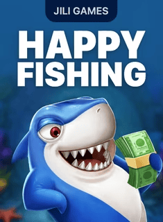 Colorful cartoon shark holding money for Happy Fishing game.
