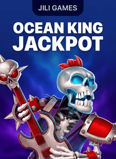 Ocean King Jackpot featuring a skeleton with a guitar and skulls, promoting JILI fishing games in 3D.