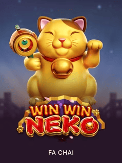 Golden Neko cat holding a spinning wheel, promoting Fa Chai Gaming slot games.