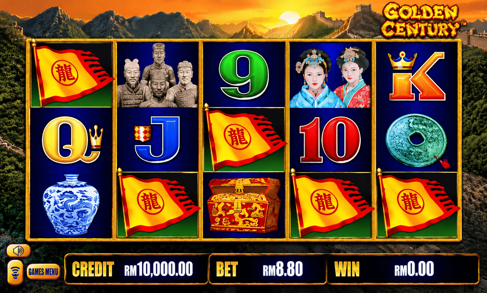 Golden Century dragon-themed slot game reels with ancient Chinese motifs and symbols.