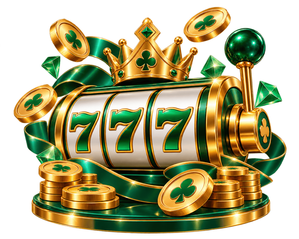 Lucky slot machine with 777 symbols and gold coins for online casino gaming.