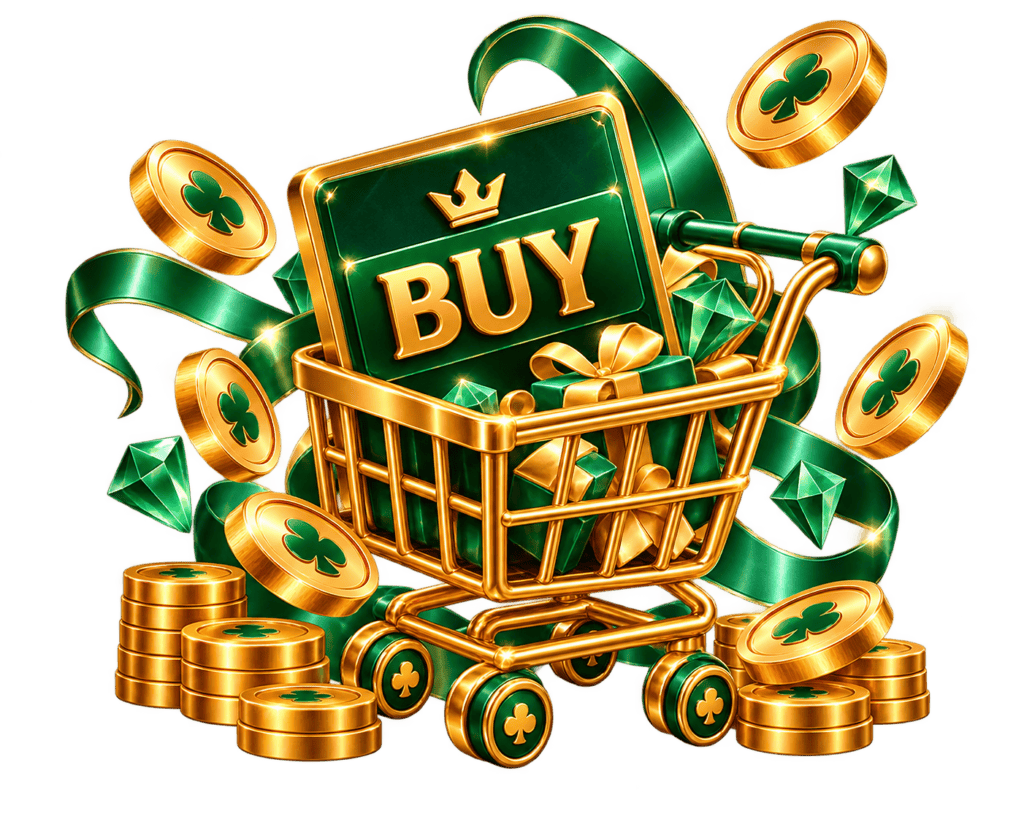 Shopping cart filled with gold coins and green clovers for online gaming.