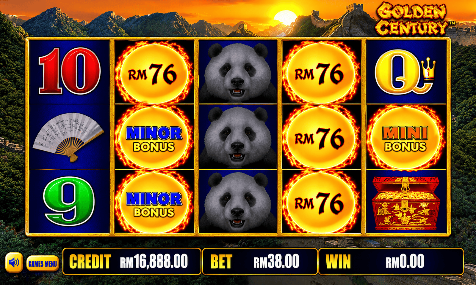 Dragon Century slot game screenshot with panda symbols and golden bonuses.