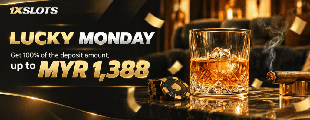 Lucky Monday casino promotion with whiskey glass and chips, promotional banner.