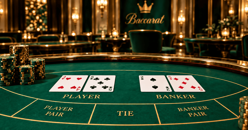 Luxurious baccarat table with chips and cards in a casino setting.