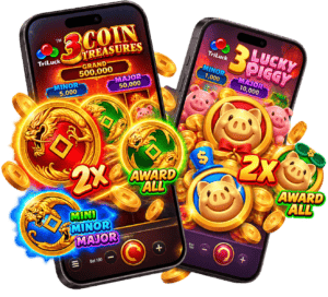 Mobile screens showing JILI bonus buy slot games with coins and symbols.