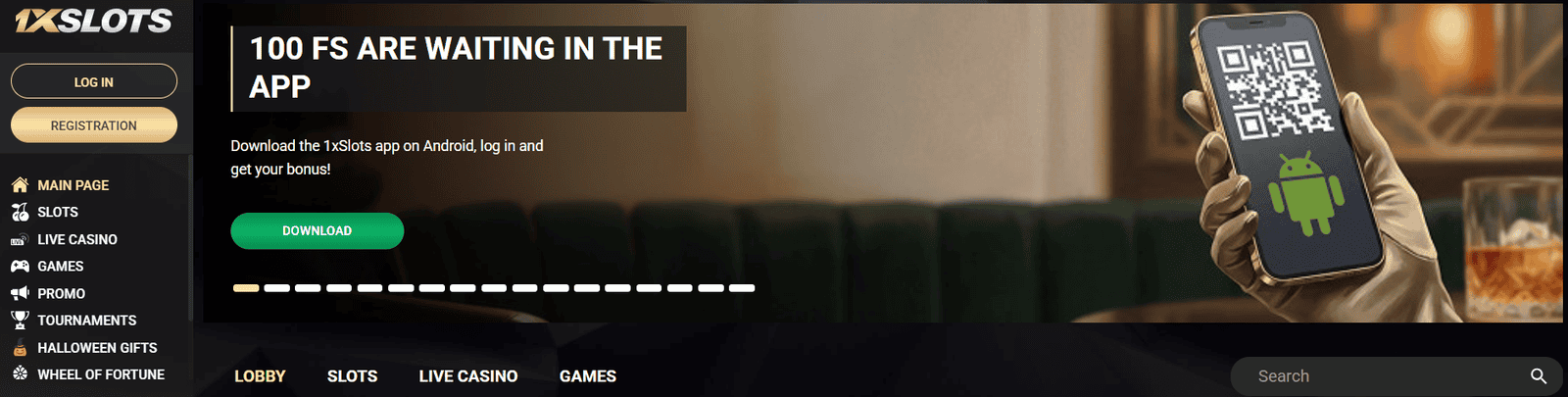 Smartphone displaying 1xSlots casino app with QR code for download.
