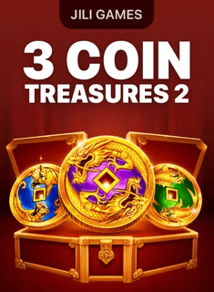 Screenshot of 3 Coin Treasures 2 slot game with colorful coins and treasure chest.