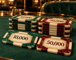 Stacks of high-value baccarat chips on a casino table.