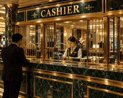 Elegant casino cashier desk for high-limit baccarat in Malaysia.